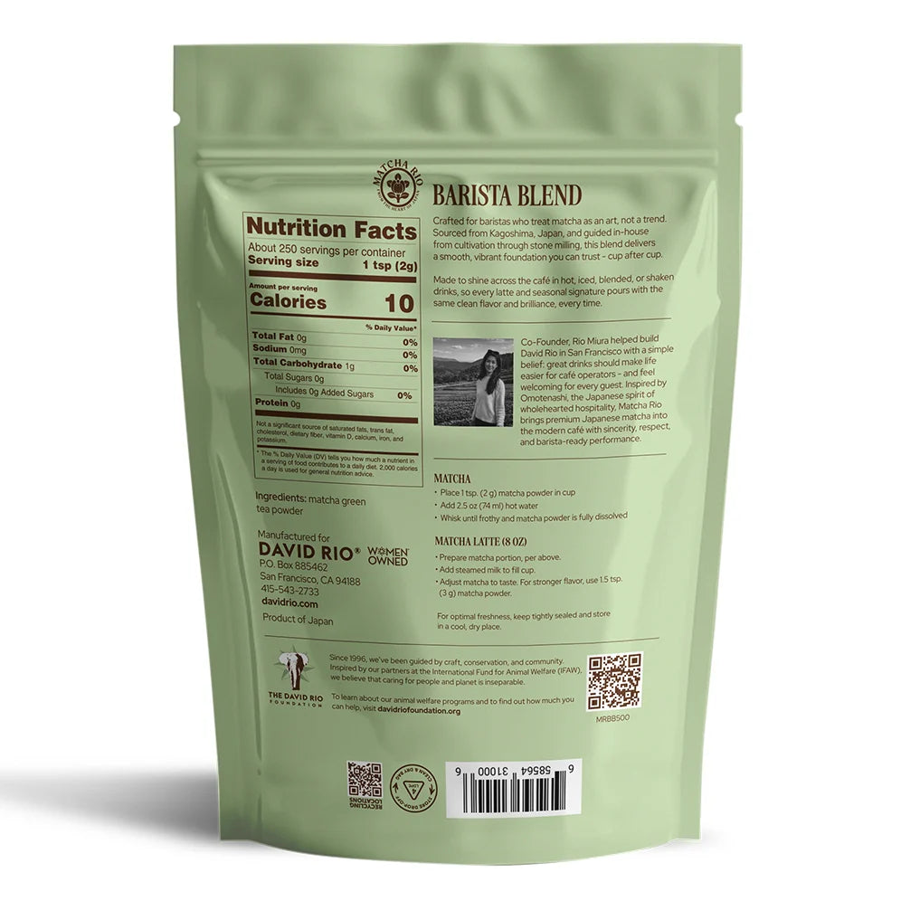 Reverso de la bolsa Matcha Rio Barista Blend con información nutricional e instrucciones de preparación