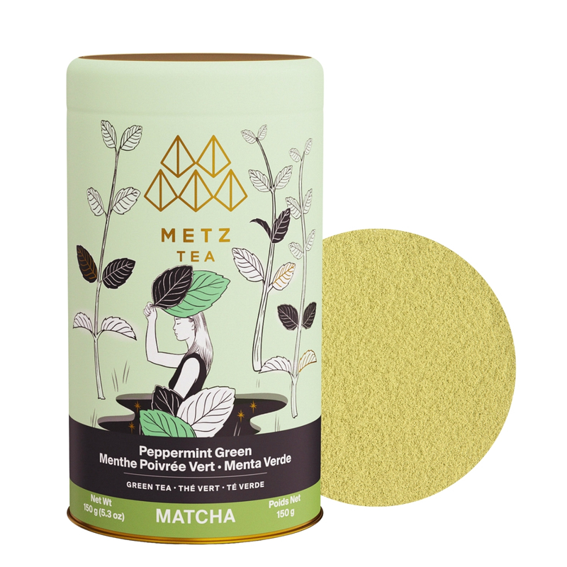 Tarro de Peppermint Green Tea & Herbal Matcha junto a una muestra del producto