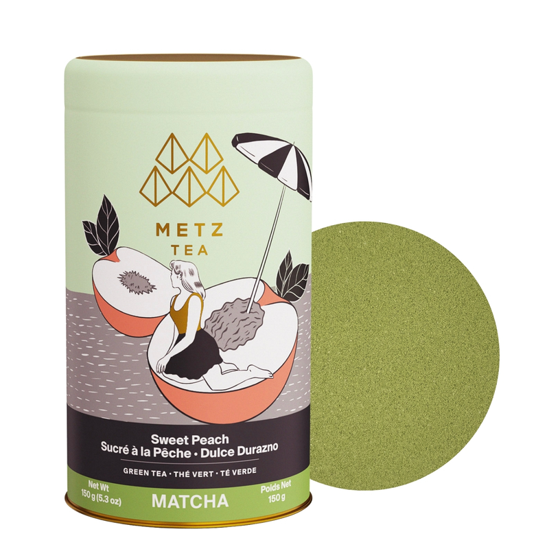 Tarro de Sweet Peach Matcha junto a una muestra del producto