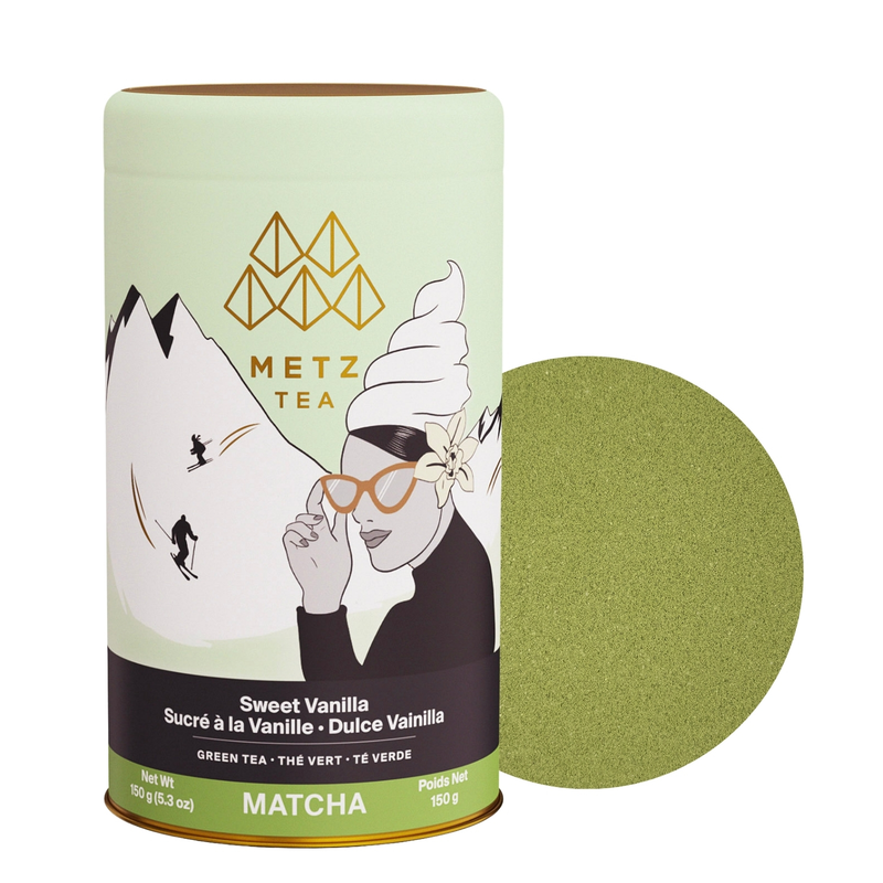 Tarro de Sweet Vanilla Matcha junto a una muestra del producto