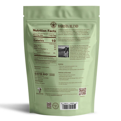 Reverso de la bolsa Matcha Rio Barista Blend con información nutricional e instrucciones de preparación
