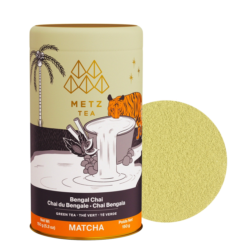 Tarro de Bengal Club Chai Green Tea Matcha junto a una muestra del producto
