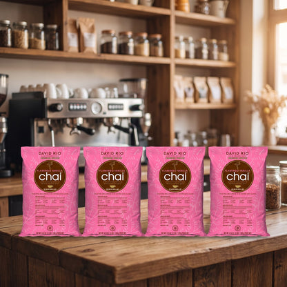 Caja 4 Bolsas Flamingo Vanilla Decaf Sugar Free: 4 bolsas David Rio Flamingo Vanilla Chai de 1,36 kg