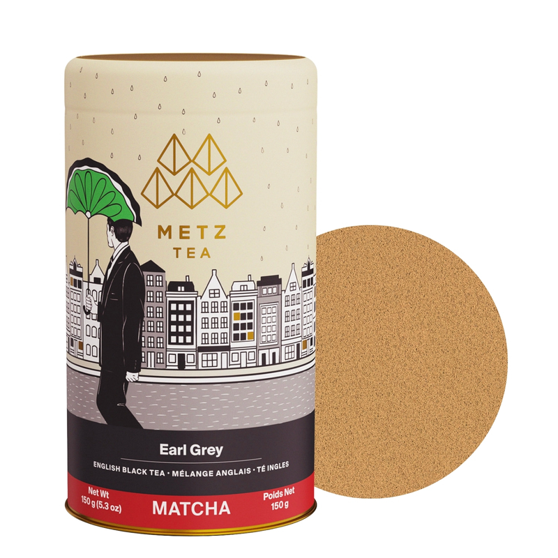Tarro de Earl Grey Black Tea Matcha junto a una muestra del producto
