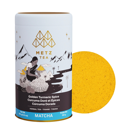Tarro de Golden Turmeric Spice Matcha junto a una muestra del producto