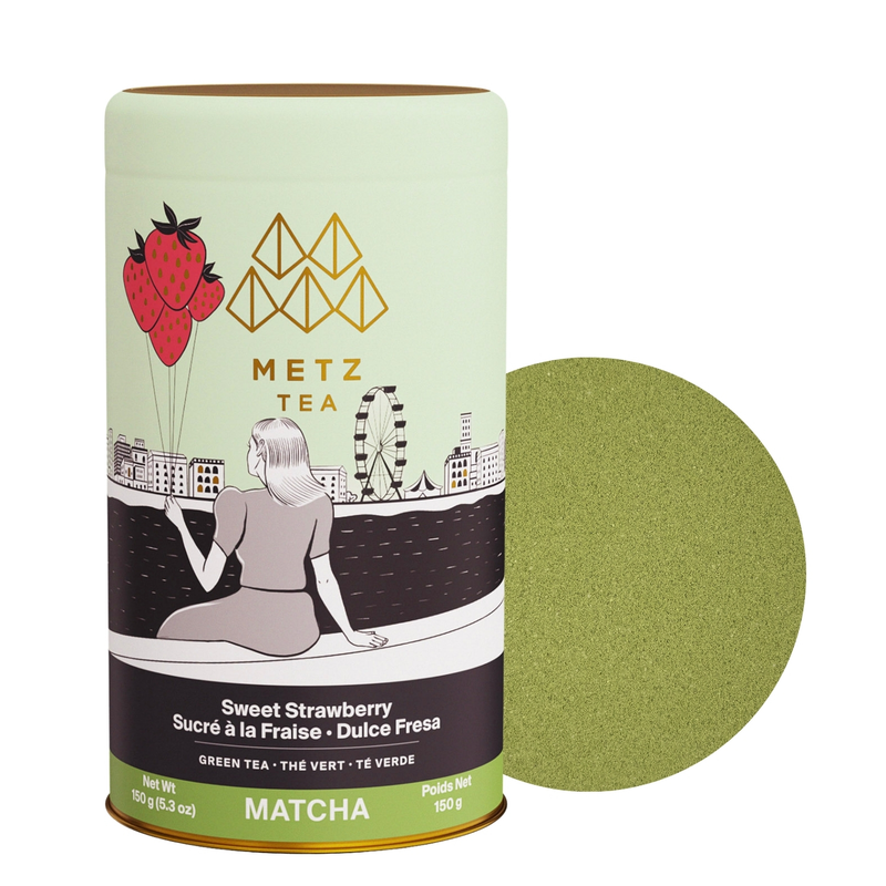 Tarro de Sweet Strawberry Matcha junto a una muestra del producto